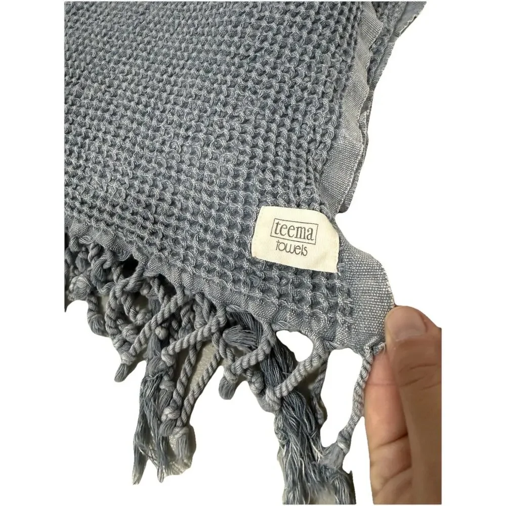 Teema Turkish Cotton Waffle Towel 54X27 Fringe Gray/ Blue Stonewash Natural